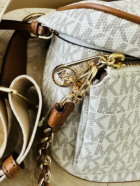 Michael Kors Cream White Logo-Print Crossbody with Tan Trim - Picture 13 of 13